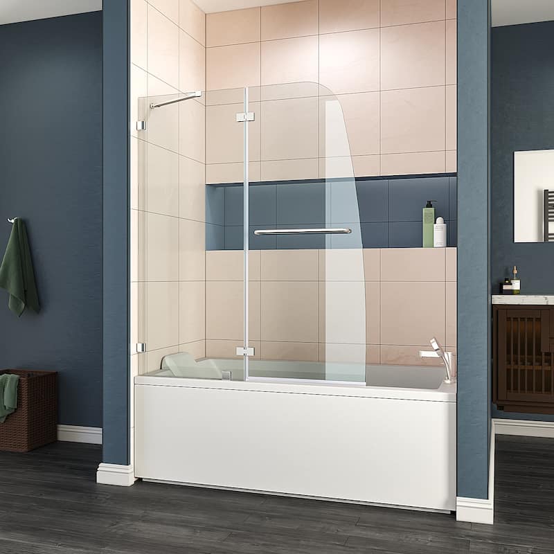 Elegant Frameless Pivot Hinged Fixed Bathtub Panel 5/16" Clear Tempered Glass Door Rotated 90° Shower Door for Bathtub - 48"W x 58"H - Chrome