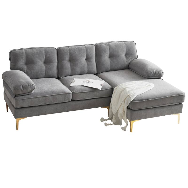 Modern Velvet L-Shaped Sectional Sofa with Metal Legs and Wide Backrest for Living Room Bedroom