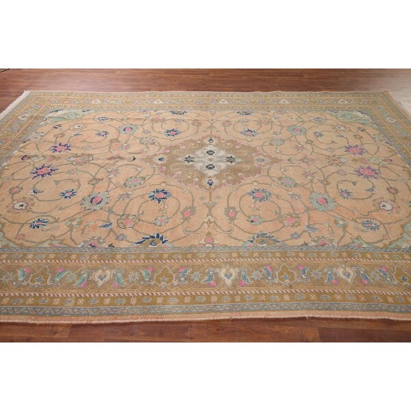 Mashad Vintage Persian Area Rug Hand-Knotted Floral Wool Carpet