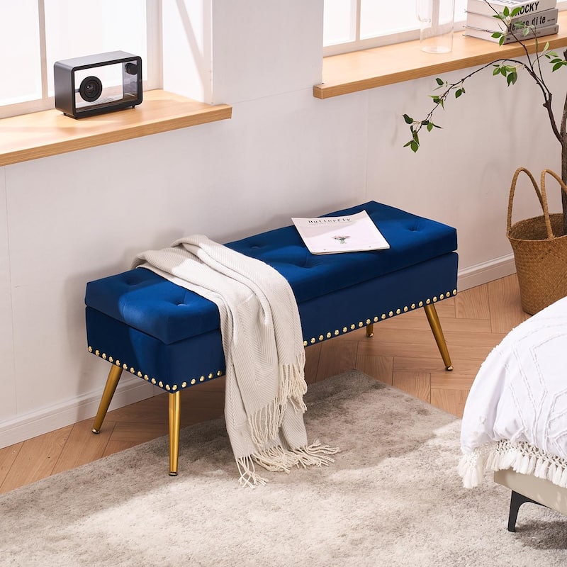 Velvet Storage Ottoman Bench with gold legs and Nailhead Trim for Bedroom/End of Bed/Entryway/Window