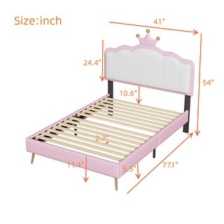 Twin Princess Bed with Crown Headboard and LED Strip, No Box Spring