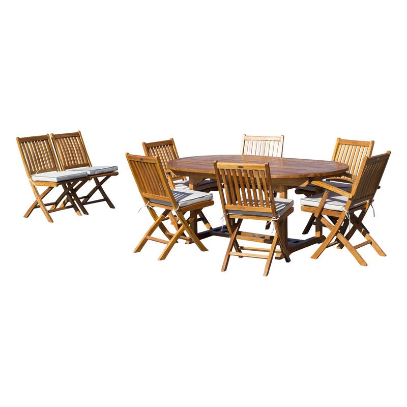 Seven Seas Teak 9 Piece Teak Wood Santa Monica Patio Dining Set with Oval Extension Table, 8 Folding Arm & Side Chairs