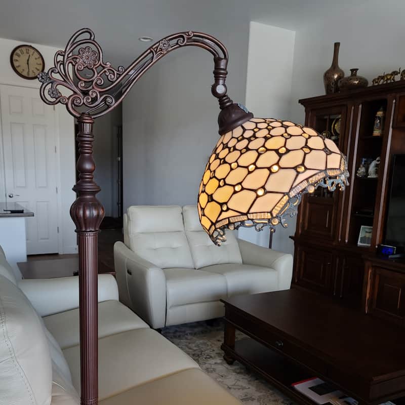 Brown Metal Traditional Floor Lamp with White Tiffany Glass Bowl Shade - 12” x 12” x 62” (D x W x H)