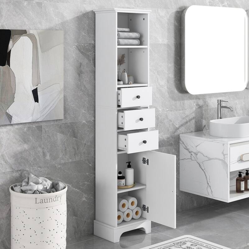 Tall Bathroom Cabinet, Freestanding Storage Cabinet with 3 Drawers and Adjustable Shelf - White