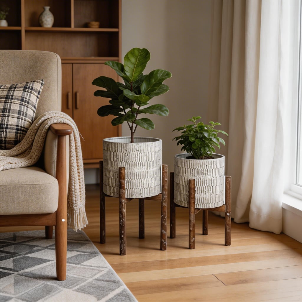 HomeRoots Set of Two Cream And Brown Ceramic And Wood Round Elevated Planters - 15.00 in. x 23.00 in. x 15.00 in.