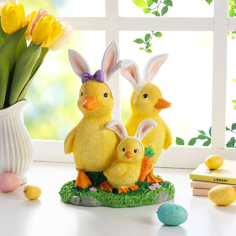 Glitzhome Easter Resin Duck Family Table Decor Stackable Chickens Figurine