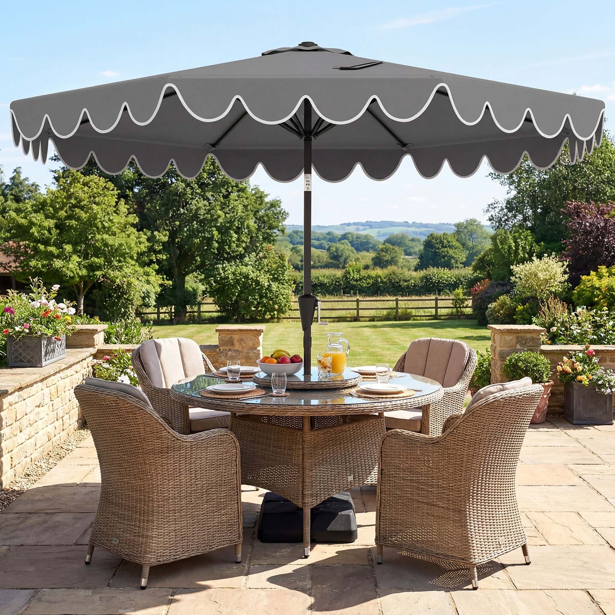bistro lights for patio umbrella 9ft Solar Lighted Outdoor Patio Market Umbrella with Hand Crank and Tilt, Pink