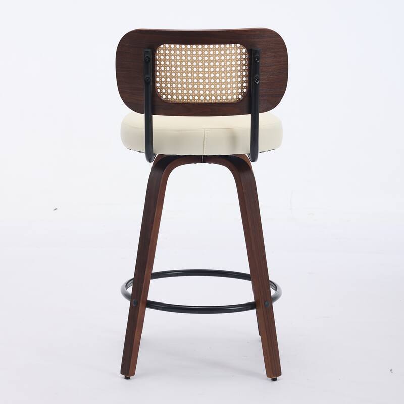 Set of 2 Counter Height Bar Stools, Swivel Counter Stools with Walnut Frame, Rattan Weave Back and PU Leather Padded Seat