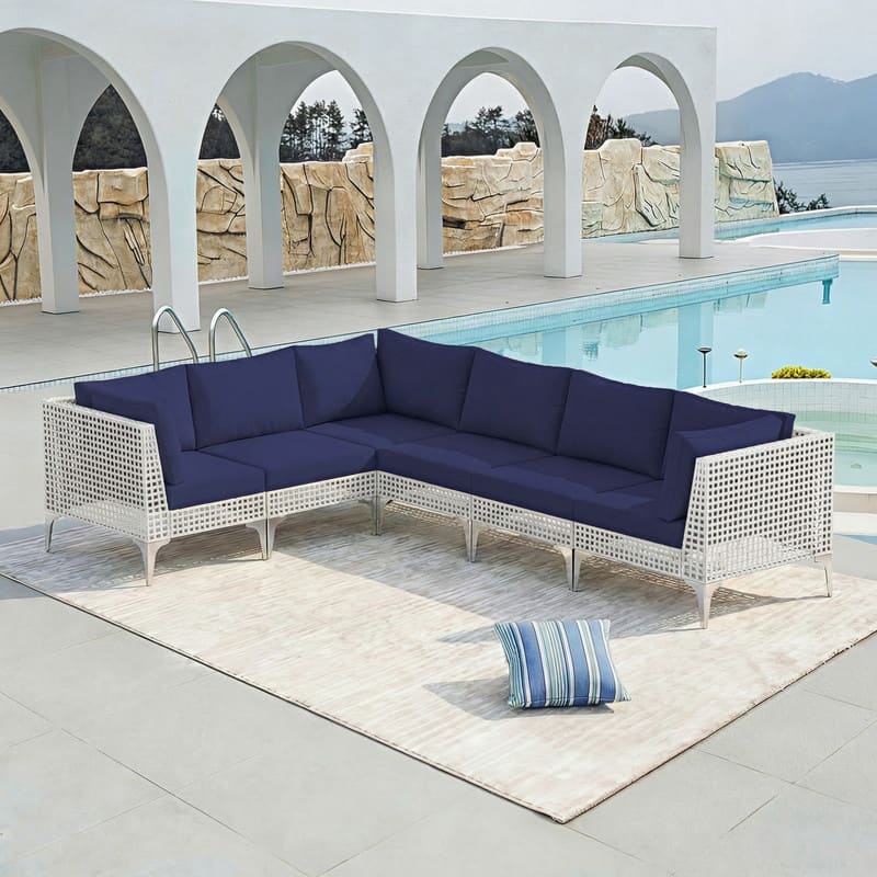 FINCATI Outdoor Wicker Modular Sectional Conversation Set with Cushions, Modern Patio Furniture Set - 6 PCS-Navy Blue