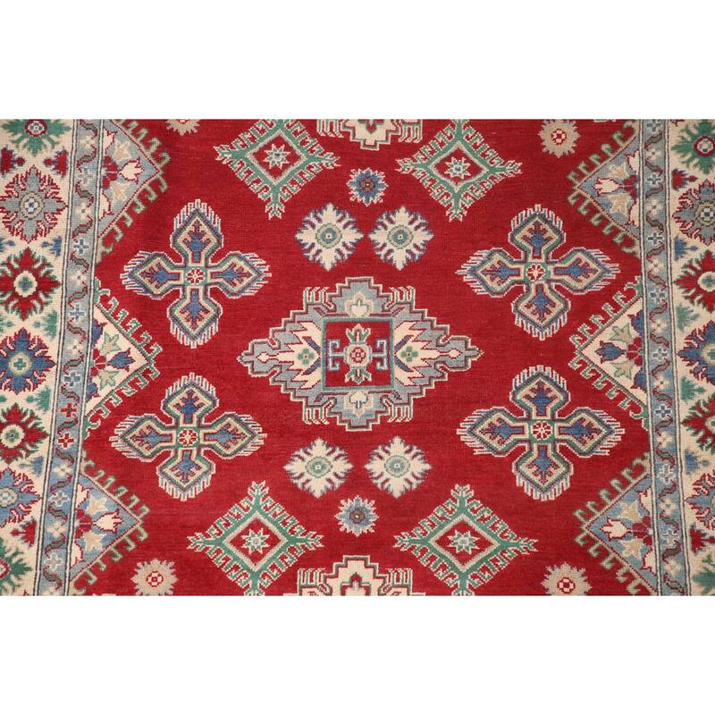 Geometric Red Kazak Area Rug Handmade Wool Carpet - 5'2" x 6'9"