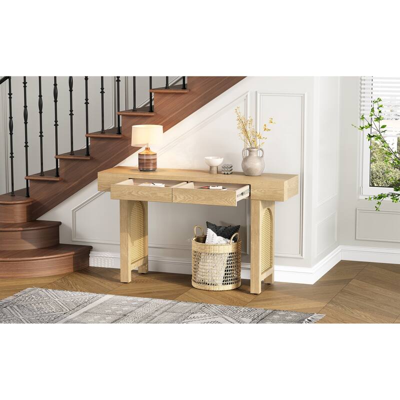 Narrow Console Table with Rattan Accent