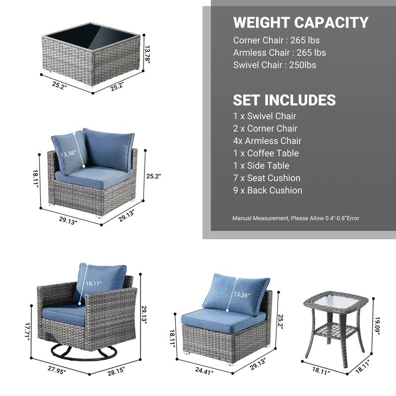 HOOOWOOO 9-piece Grey Wicker Patio Outdoor Sectional Set with Swivel Rocking Chair