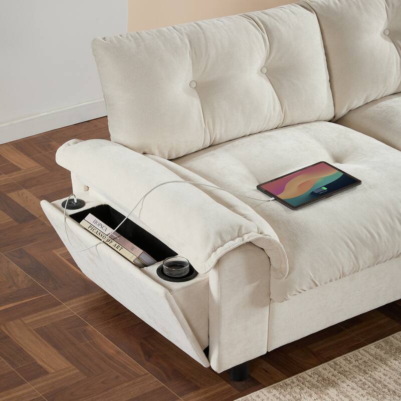 Chenille Tufted L-Shape Sectional Sofa with Storage Ottoman, Pockets and All-in-one Armrest with Dual-Port Charging, Cup Holder