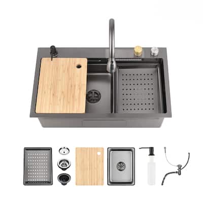 Waterfall Kitchen Sink Single Bowl with Flying-rain Faucet and Cutting Board