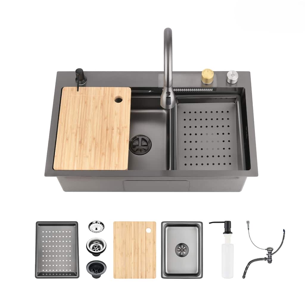 Waterfall Kitchen Sink Single Bowl with Flying-rain Faucet and Cutting Board