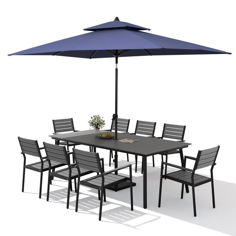 11PC Outdoor Patio Dining Set WoodLike Aluminum Umbrella Hole Table with Stackable Armchairs,Double Top Market Umbrella and Base