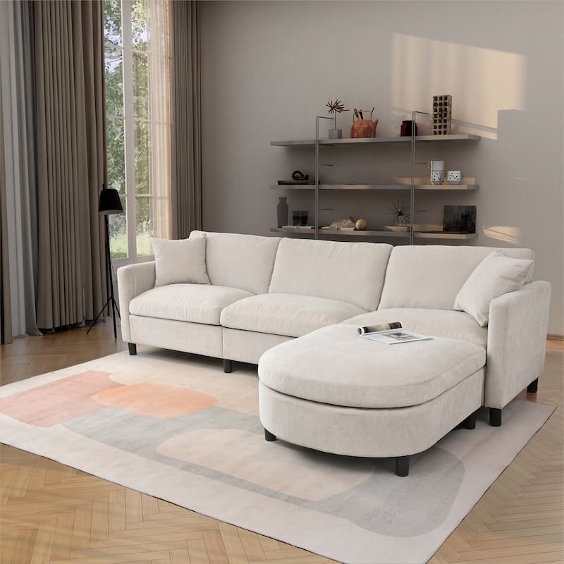 Beige Sectional Sofa, 107.87" with Ottoman, Removable Cushions, and Armrest Pockets