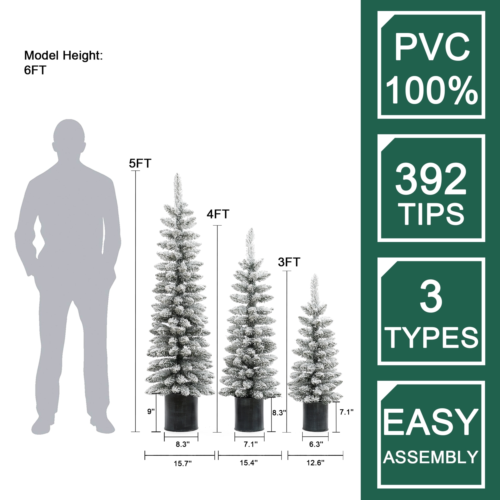 Set of 3 Snow-Flocked Christmas Trees with Metal Pots - 60
