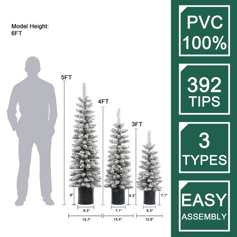 Set of 3 Snow-Flocked Christmas Trees with Metal Pots - 60" H x 15.7" Diameter