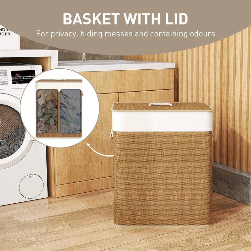 HOMCOM Double Laundry Basket with Lid, 26.4 Gallon Bamboo Laundry Hamper with Rope Handles, Clothes Hamper with Removable Liner
