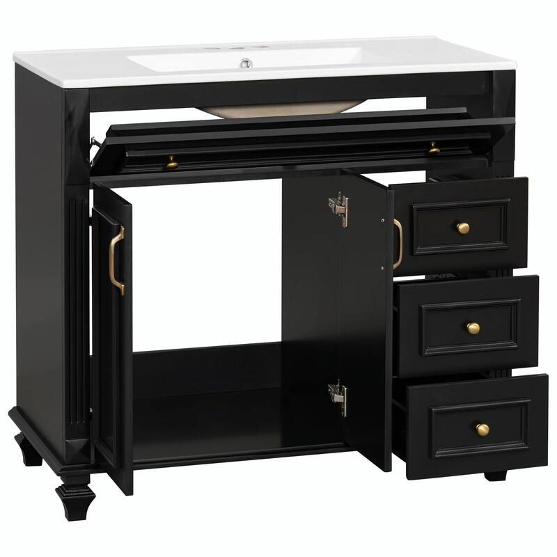 36" Bathroom Vanity with Sink, Cabinet, Flip-Out Drawer, 3 Drawers & 2 Soft-Close Doors