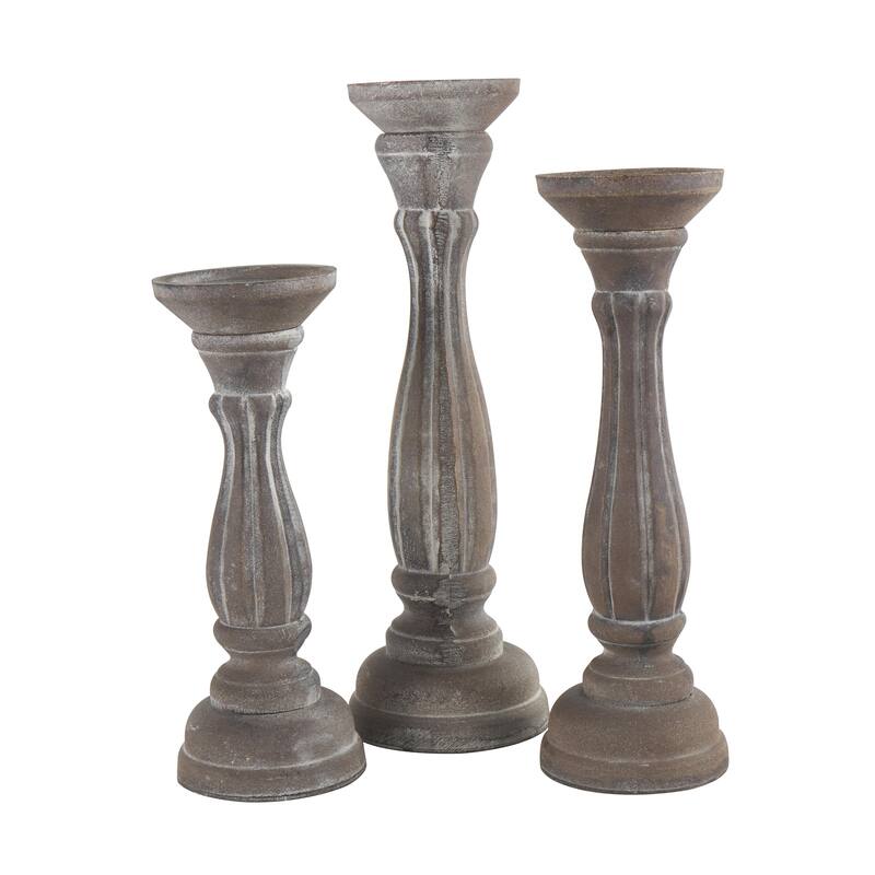 Wooden Distressed Turned Decorative Candle Holder - Set of 3 Gray, Brown, Blue, Green - Roche River Decor