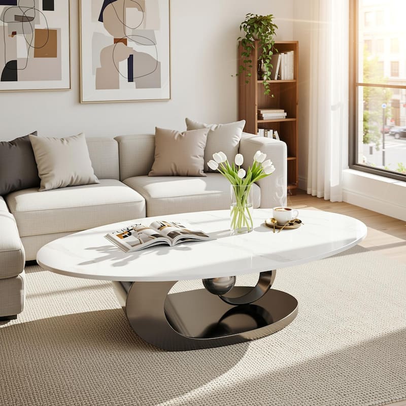 Homy Casa Luxury Oval Coffee Table, High-Gloss Faux Marble Top, Electroplated Brushed Stainless-Steel Sculptural Christmas Gift