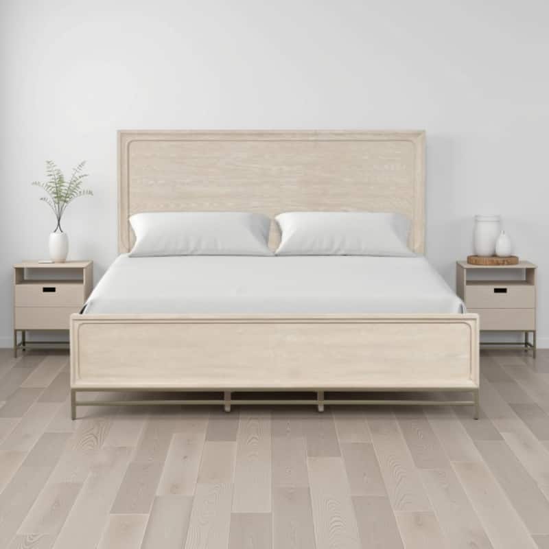 Rozie King Bed with Panel Style Headboard, Metal Legs, Light Oak Wood