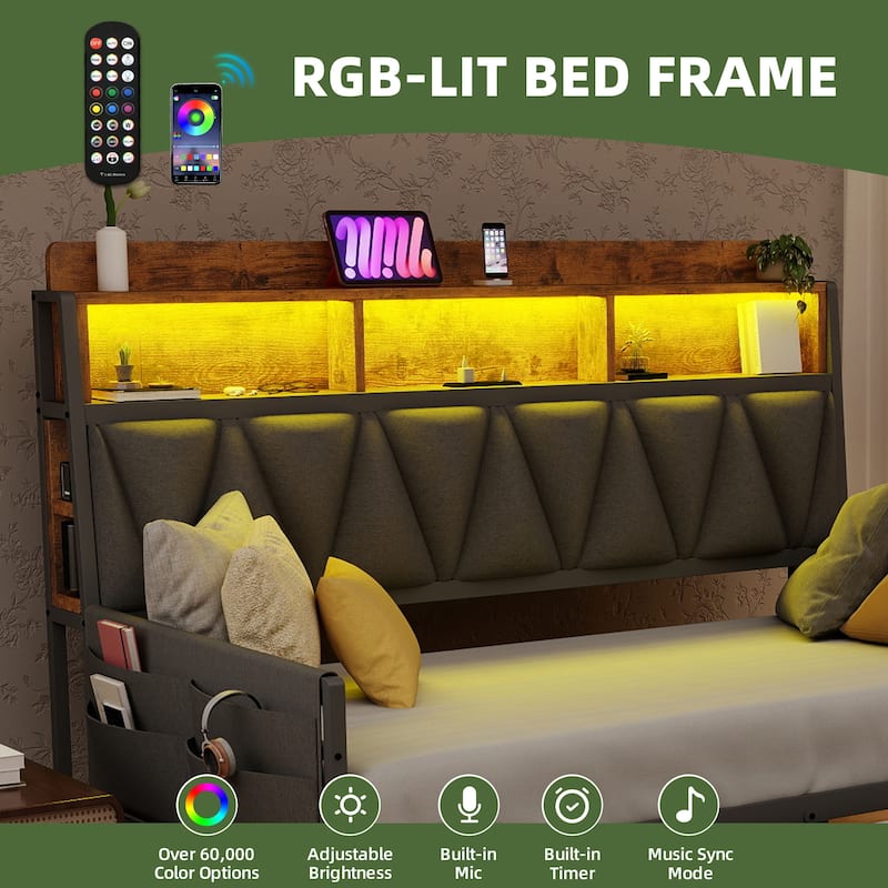 Twin Size Daybed with Trundle Heavy Duty Metal Frame RGB LED Lights Bookcase Headboard and Charging Station