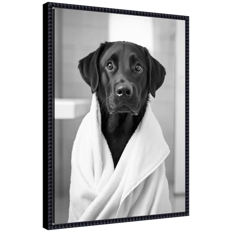 Kate and Laurel Sylvie Black Lab Bathroom Art Towel Robe Black and White Framed Canvas by The Creative Bunch Studio - 18x24 - Black