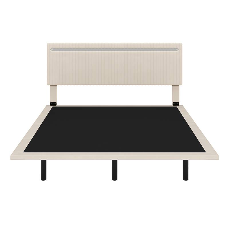 Queen Size Upholstered Floating Bed Frame with LED Lights