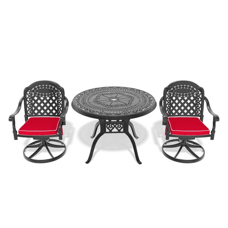 3-Piece Aluminum Round Outdoor Patio Dining Set, 2 Cushioned Swivel Chairs, Table, All-Weather Frames