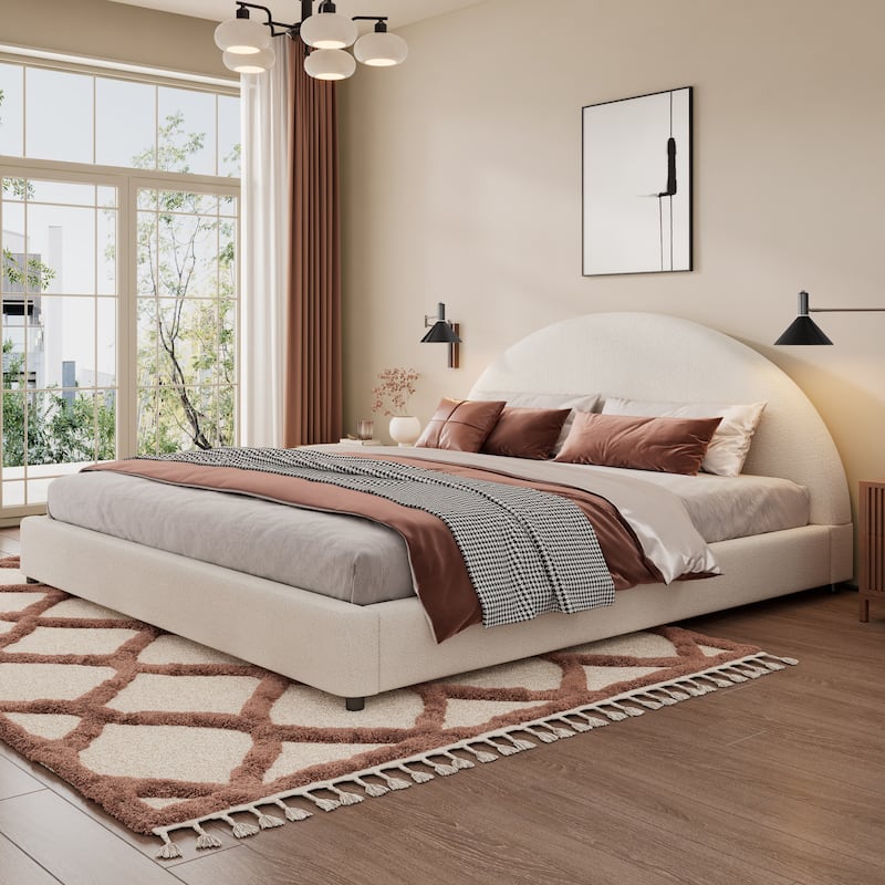 Upholstered Bed with Round Curved Headboard Wingback Bed, White Boucle Platform Bed Frame - White - King