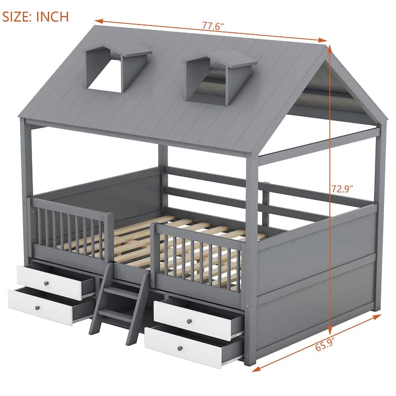 Twin/Full Size Wooden House Bed Frame with Skylight Roof, Drawers, Shelves and Ladder
