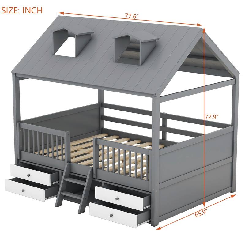 Twin/Full Size Wooden Platform Bed with 4 Drawers and Shelf, Pinewood House Bed Frame with Roof Skylights and Guardrail