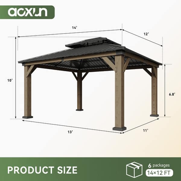 dimension image slide 1 of 6, Aoxun Outdoor Cedar Wood Gazebo with Double Hardtop Roof