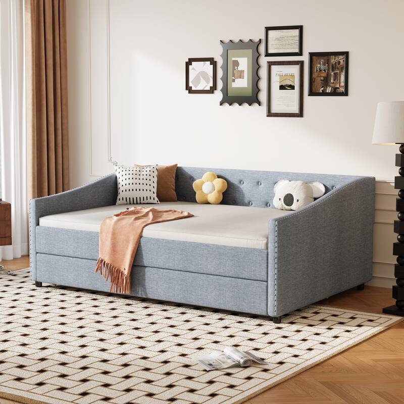 Full Size Upholstered Daybed with Twin Trundle, Tufted Sofa Design with Button-Tufted Back and Waved Arms