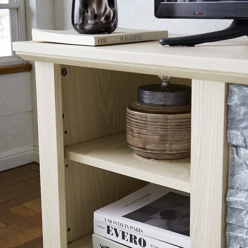 58 Inch Mantel Stone TV Stand for TVs up to 65 Inch, Media Console with Faux Stacked Stone Surround and Open Storage