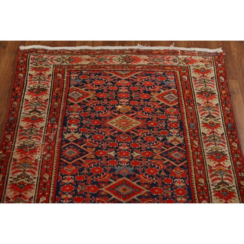 Pre-1900 Antique Blue Malayer Persian Runner Rug Handmade Wool Carpet - 3'2"x 16'7"
