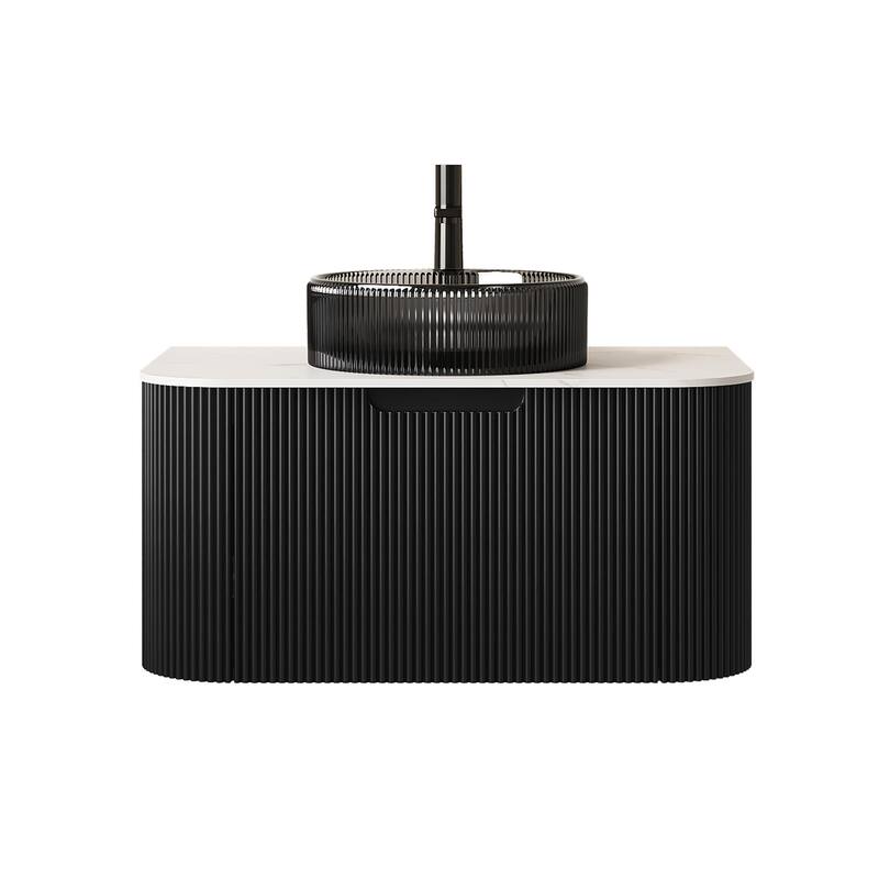 Wall Mounted Bathroom Vanity with Transparent Black Round Glass Basin