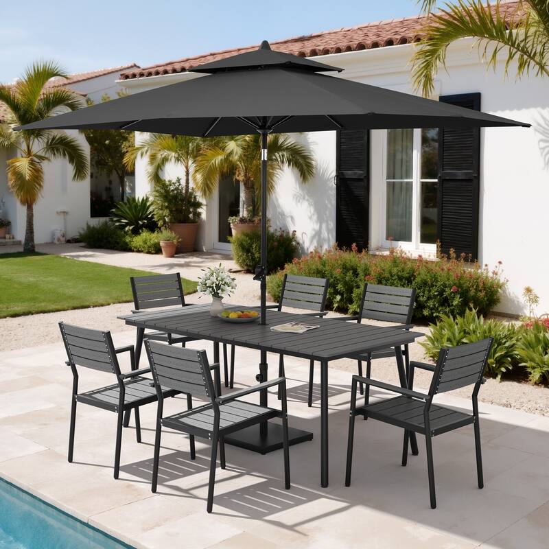 9PC Outdoor Patio Dining Set Wood-Like Aluminum Umbrella Hole Table with Stackable Armchairs,Double Top Market Umbrella and Base - GreyTable&GreyChairs&BlackUmbrella
