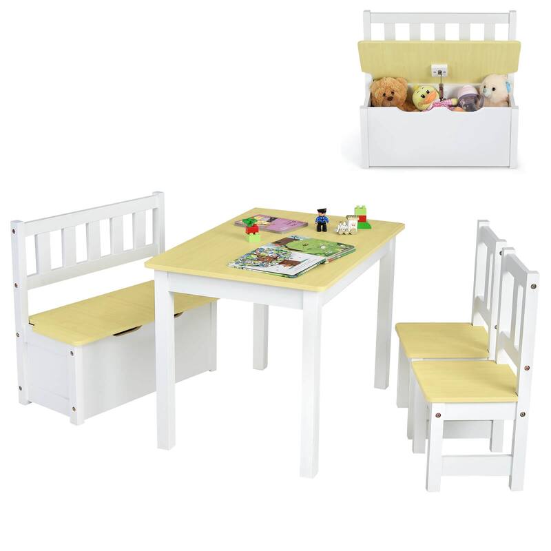 Costway 4 PCS Kids Wooden Activity Table & Chairs Set w/Storage Bench - See Details - Natural