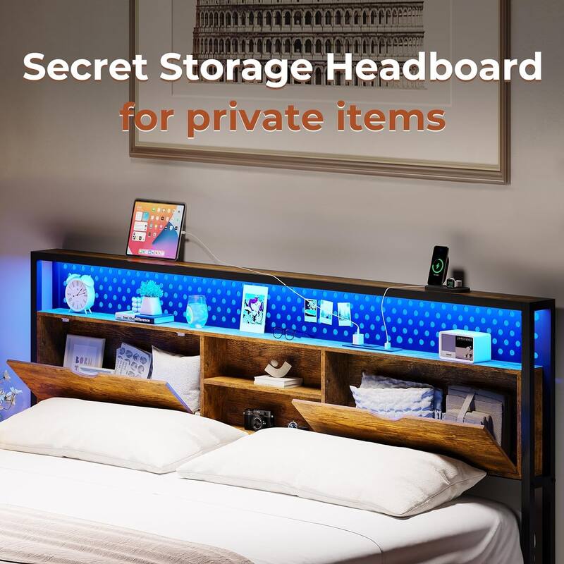 Bed Frame Hidden Storage Headboard 2-Tier Built-in LED Lights Metal