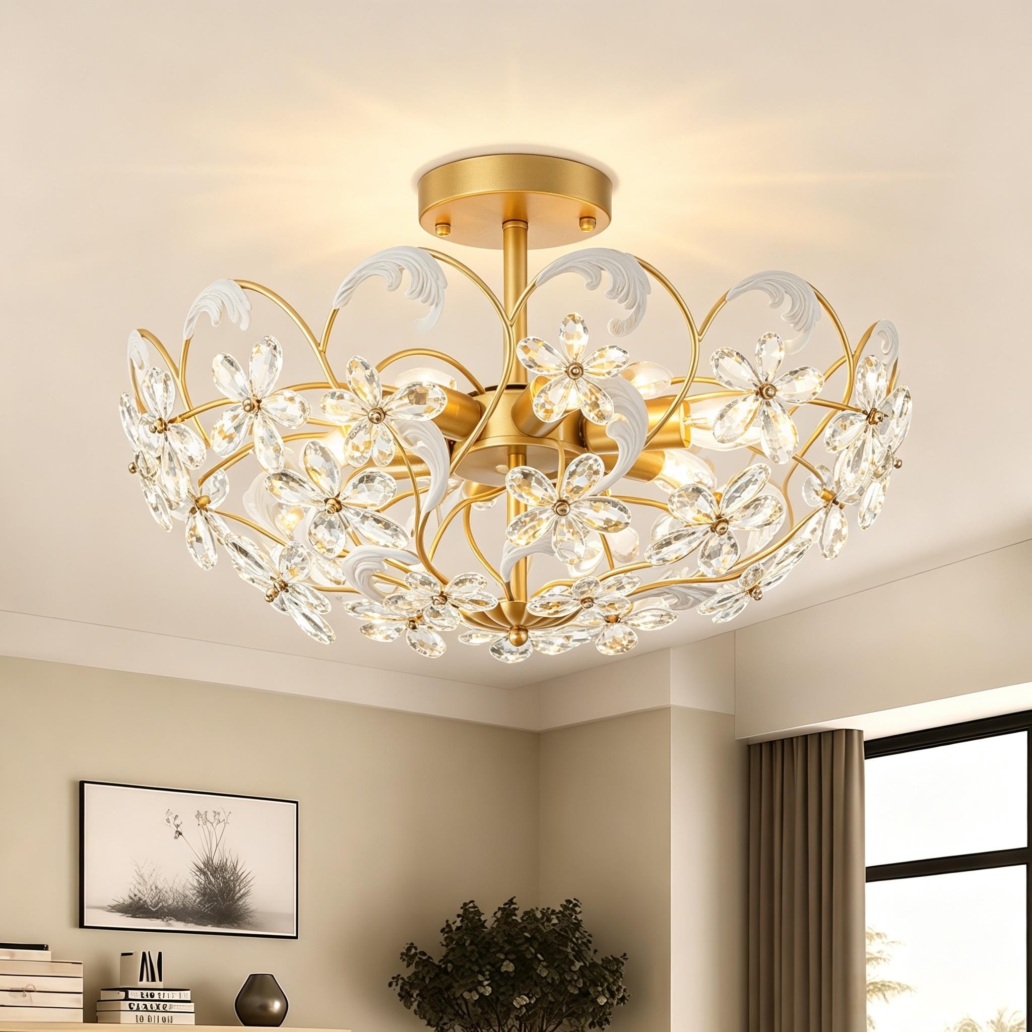 Rennnsan 6-Light Spray Painted Iron Gold Floral Crystal Flush Mount Ceiling Light for Bedroom Living Room