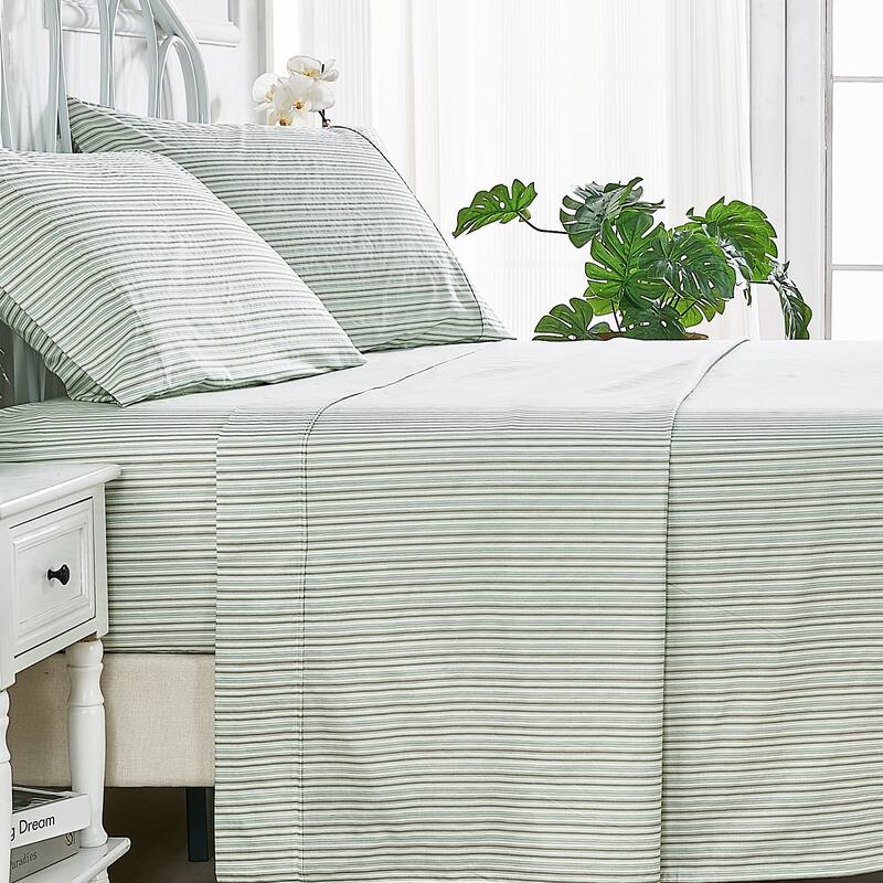 Printed Prewashed Cotton Blue Collection (Individual Set Sell Separately) - Green Stripe Sheet Set - Full - 4 Piece