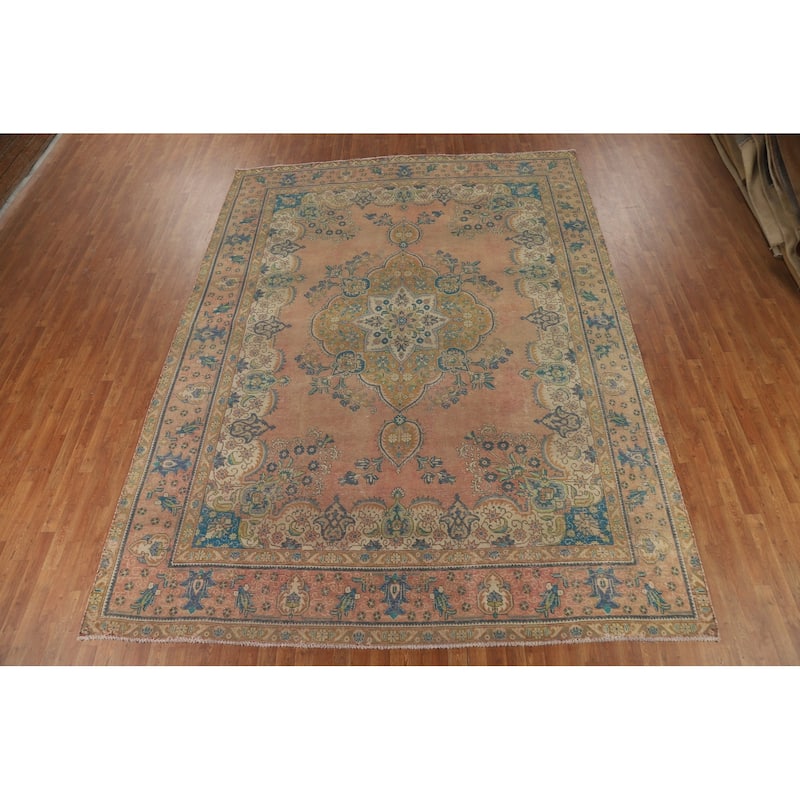Tabriz Persian Vintage Rug Handmade Traditional Orange Wool Carpet - 9'7" x 12'10"