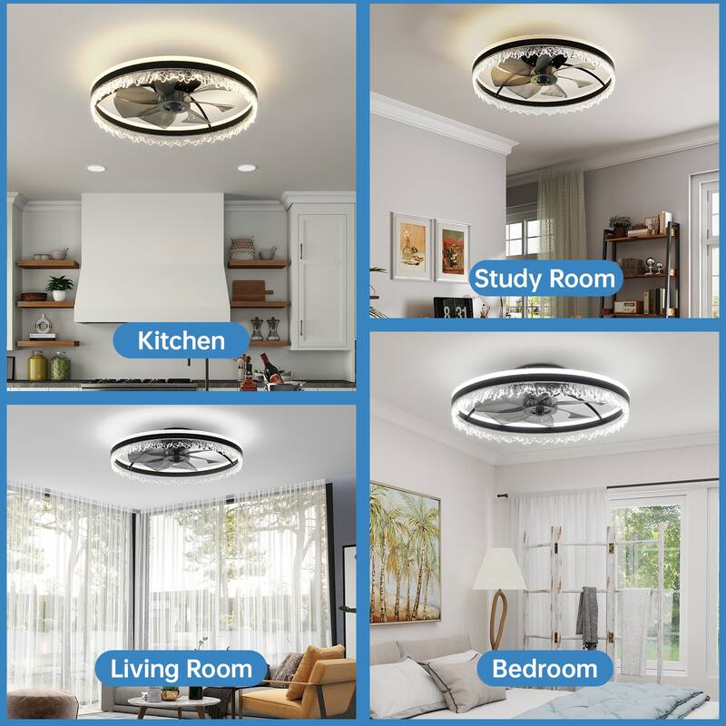 Modern LED Ceiling Fan with Light - 24" Dimmable Ceiling Light with Invisible Blades and Crystal Design - Black
