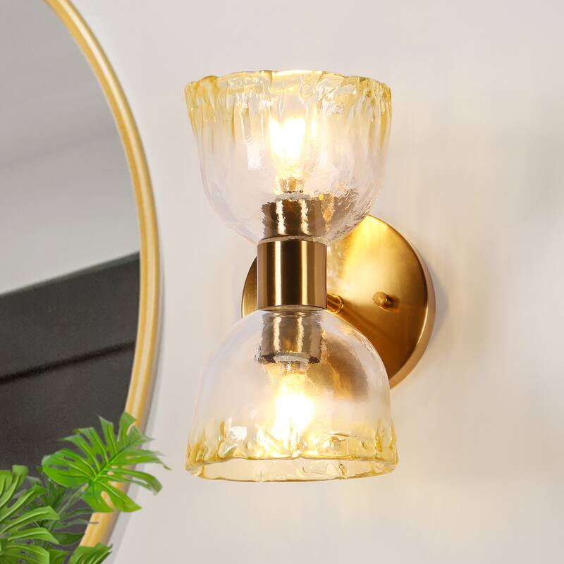 Modern 2-Light Wall Sconce with Gold Colored Glass Bathroom Vanity Lights - D8.2" x H10"