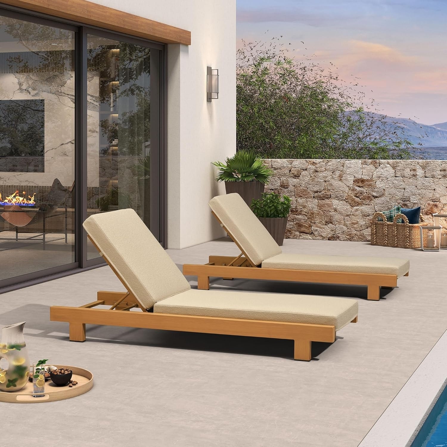 PURPLE LEAF Outdoor Reclining Pool Lounge Chair, Teak Frame & Olefin Cushion