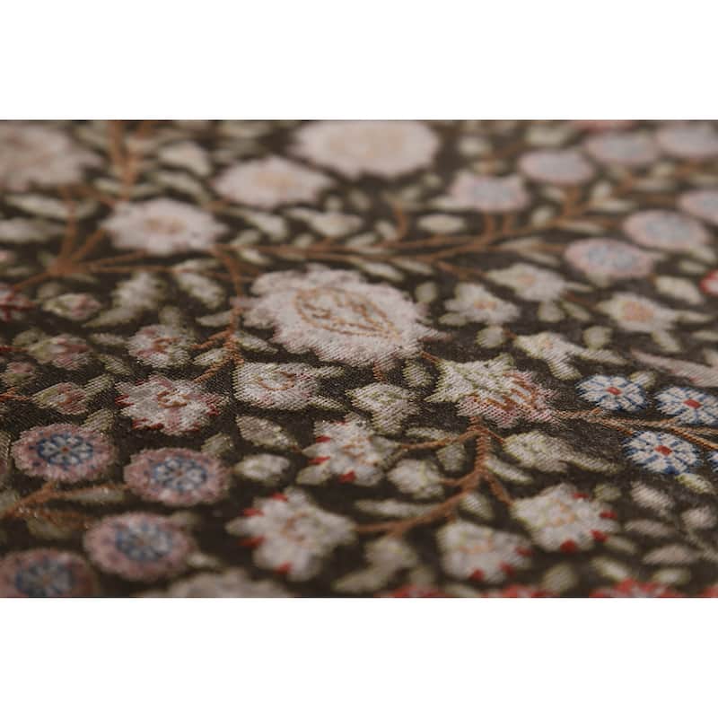 Hand Knotted Oriental Silk & Silver Carpet Traditional Floral Green Qum Area Rug - 5' 6'' X 3' 7''